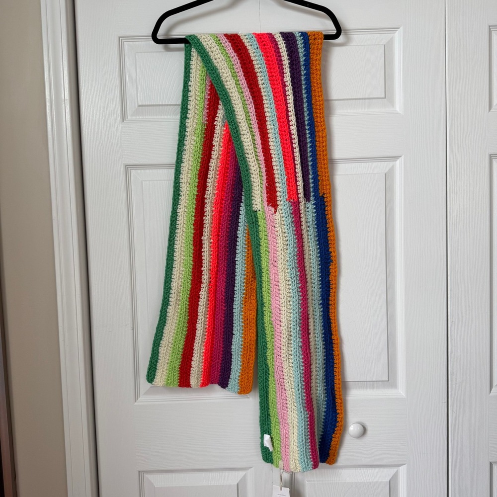 Mersea Brightside Scarf Rainbow Striped Crochet Chunky Knit Oversized Wrap NEW